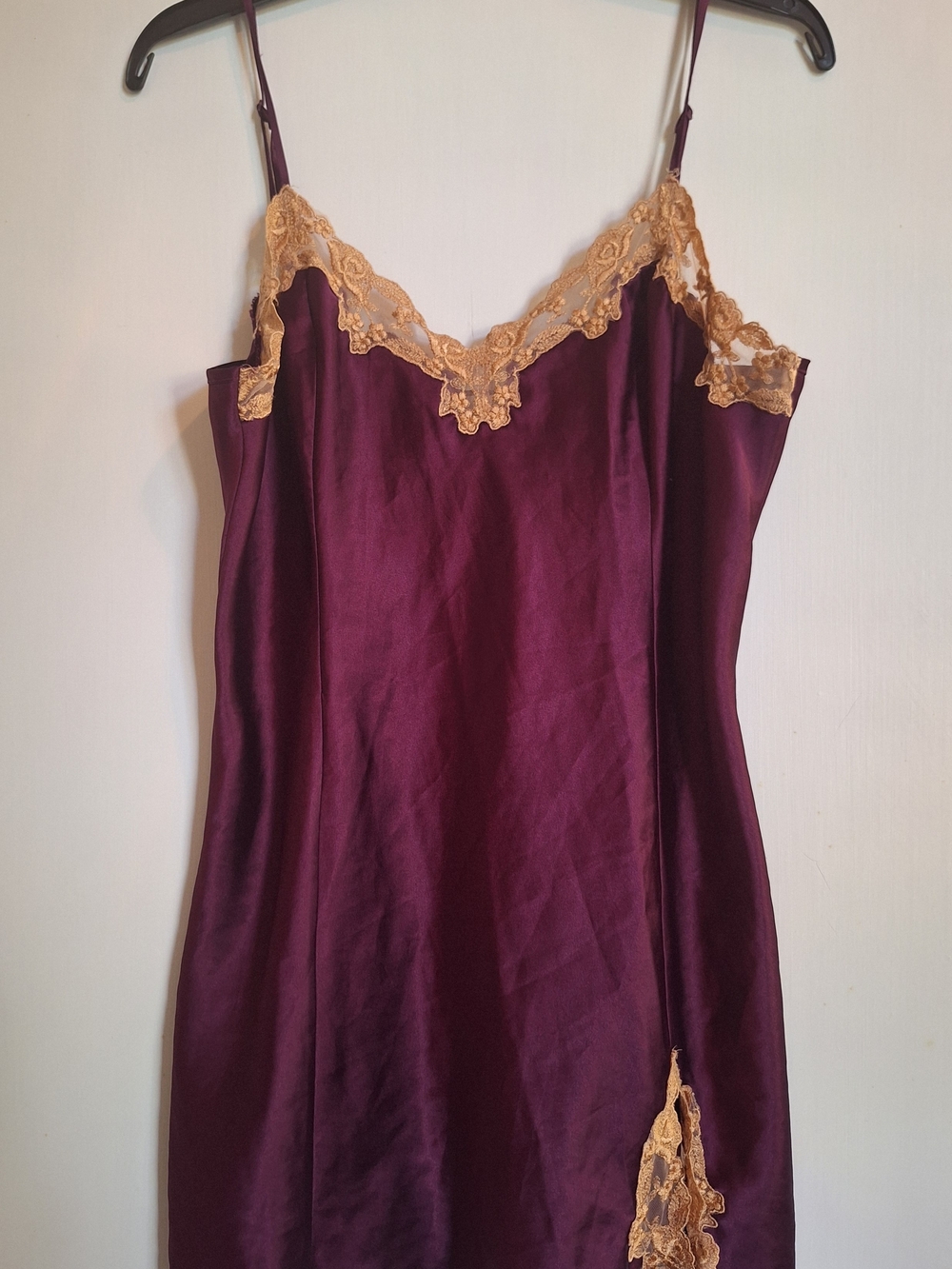 Vintage Victoria’s Secret Lingerie Satin Slip Dress Burgundy Gold Lace Accent L